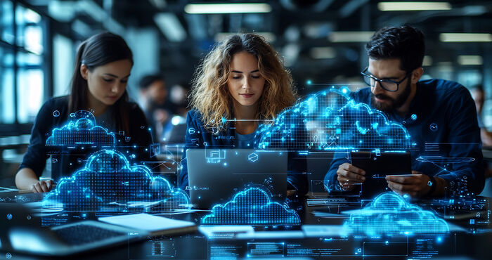 Ilustración de soberanía digital en la nube pública, con empresa gestionando datos y aplicaciones cloud de forma segura e independiente.