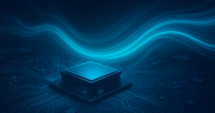 Ilustración de un chip sobre una placa de circuitos, iluminado en tonos azules, con flujos de energía que representan procesos avanzados de computación y optimización híbrida cuántico?clásica