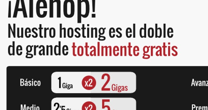 Alehop! Nuestro hosting es el doble de grande... ¡y gratis!