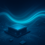 Ilustración de un chip sobre una placa de circuitos, iluminado en tonos azules, con flujos de energía que representan procesos avanzados de computación y optimización híbrida cuántico?clásica