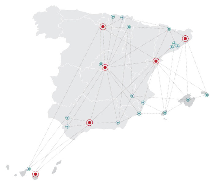 mapa con las sedes logísticas de GM Food en España